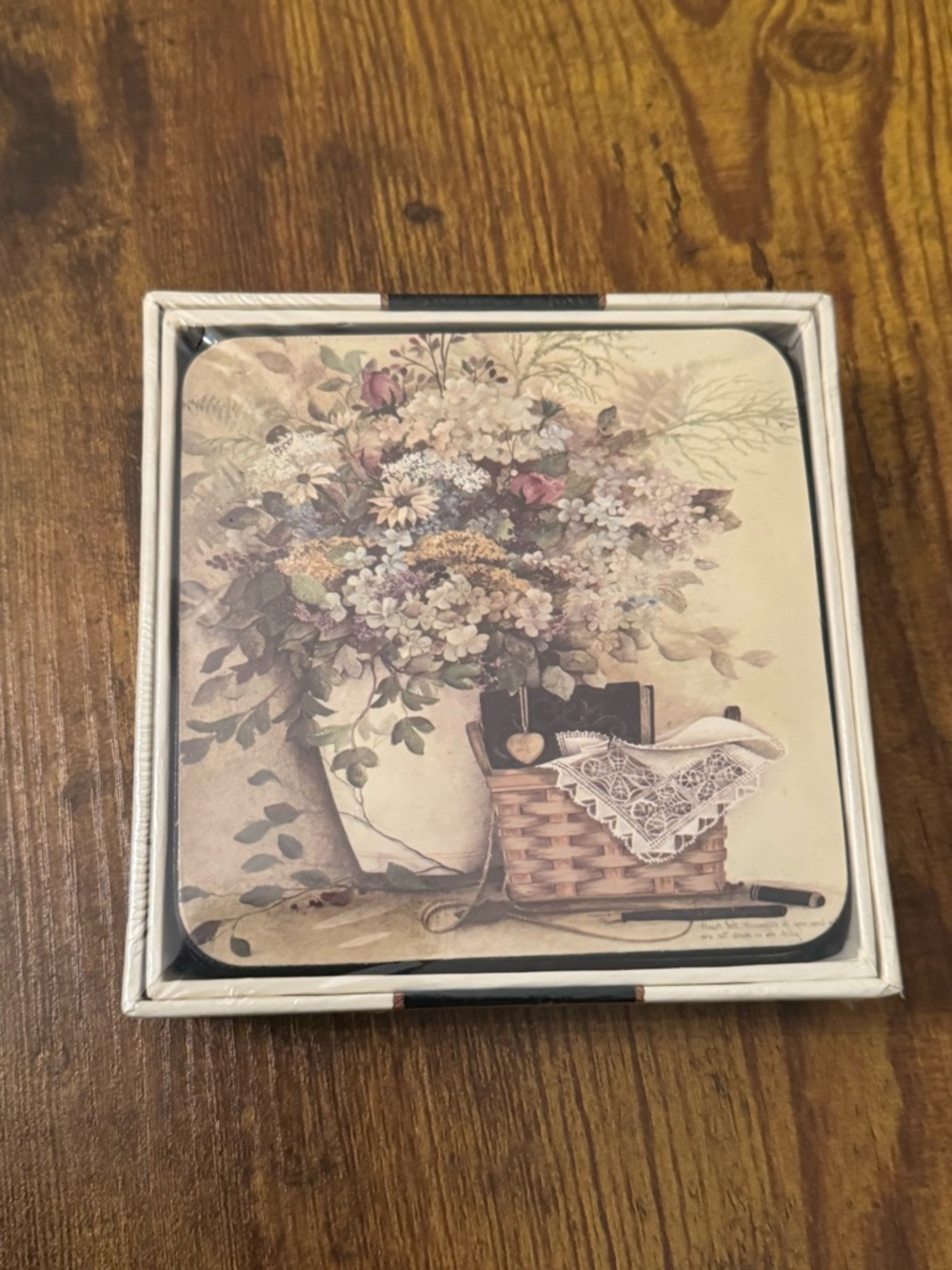 Pat Richter Floral Coaster Set‎ Of 6 Cottage Farmhouse Basket New In Box Cork